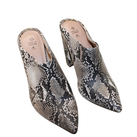 Call It Spring Shoes - Call It Spring Snakeskin Mules Women 8.5 Grey Vegan Block Heel Pointed Toe